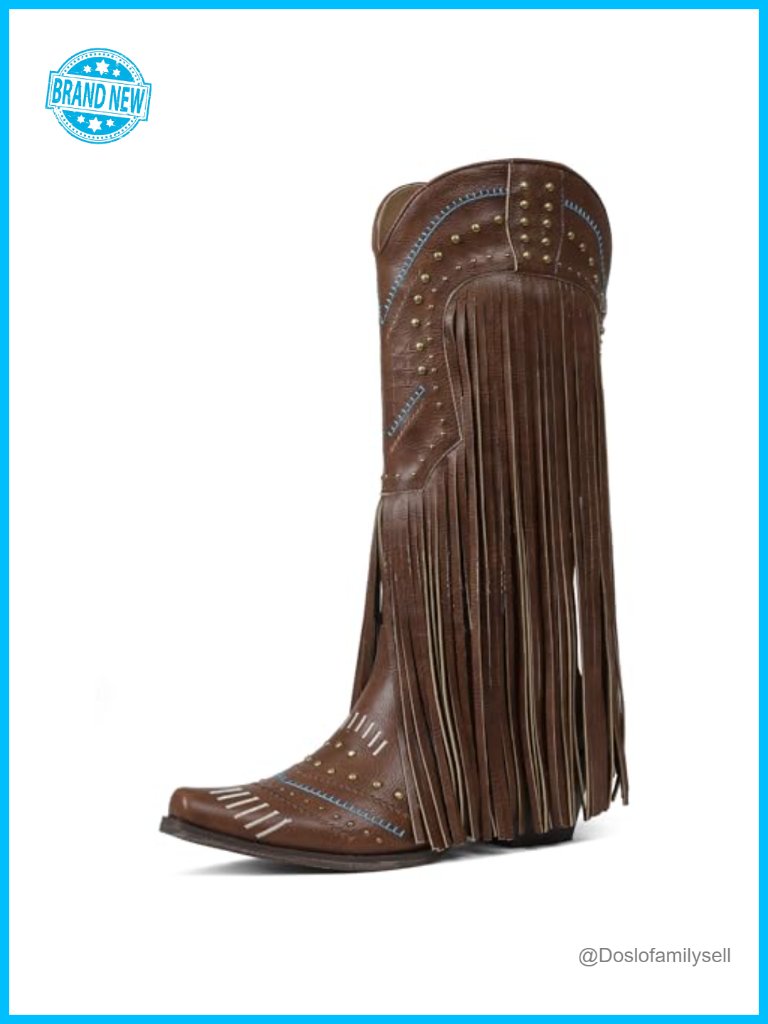 Vintage Western Fringe Cowboy Boots Pointed Toe Chunky Heel Knee High Pull On